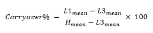 Carryover% = 100 * (L1_mean - L3_mean) / (H_mean - L3_mean)